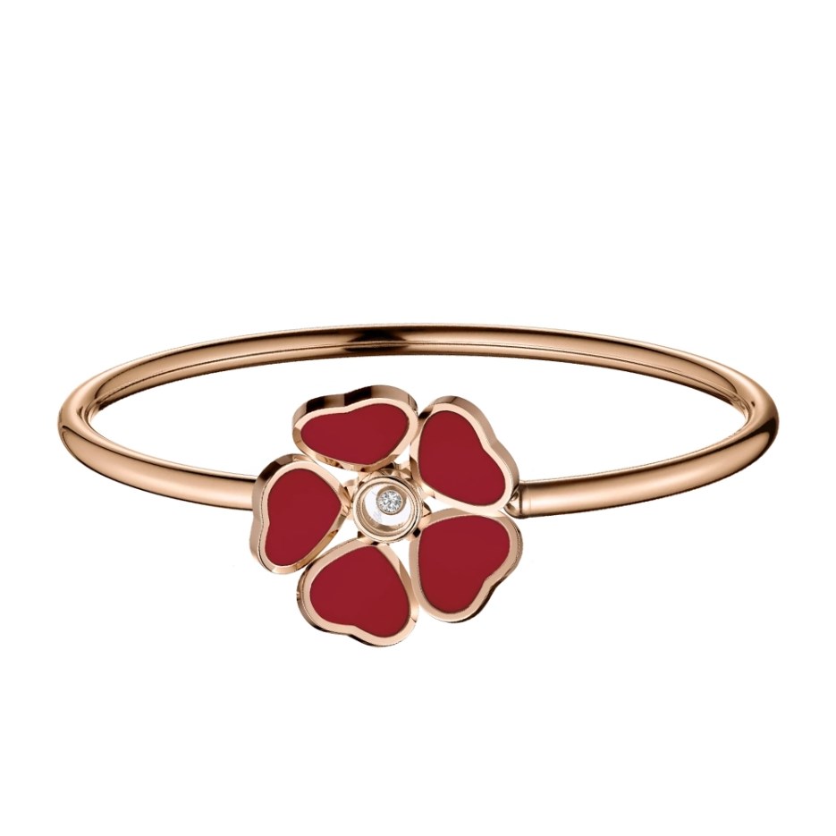 Pulsera Aro Happy Hearts Oro Rosa Piedra Roja y Diamante Talla M