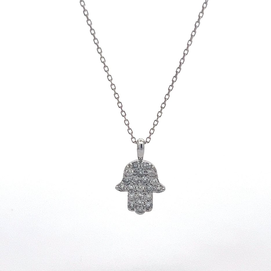 Gargantilla de oro blanco con dije Mano de Fátima y 21 diamantes (0,28 ct)