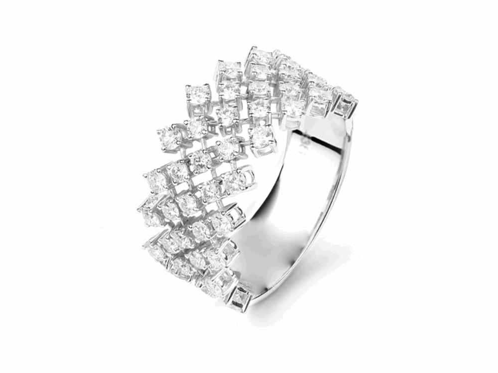 Anillo de oro blanco con 49 diamantes (1,40 ct) – flecha ancha, motivo de rombos